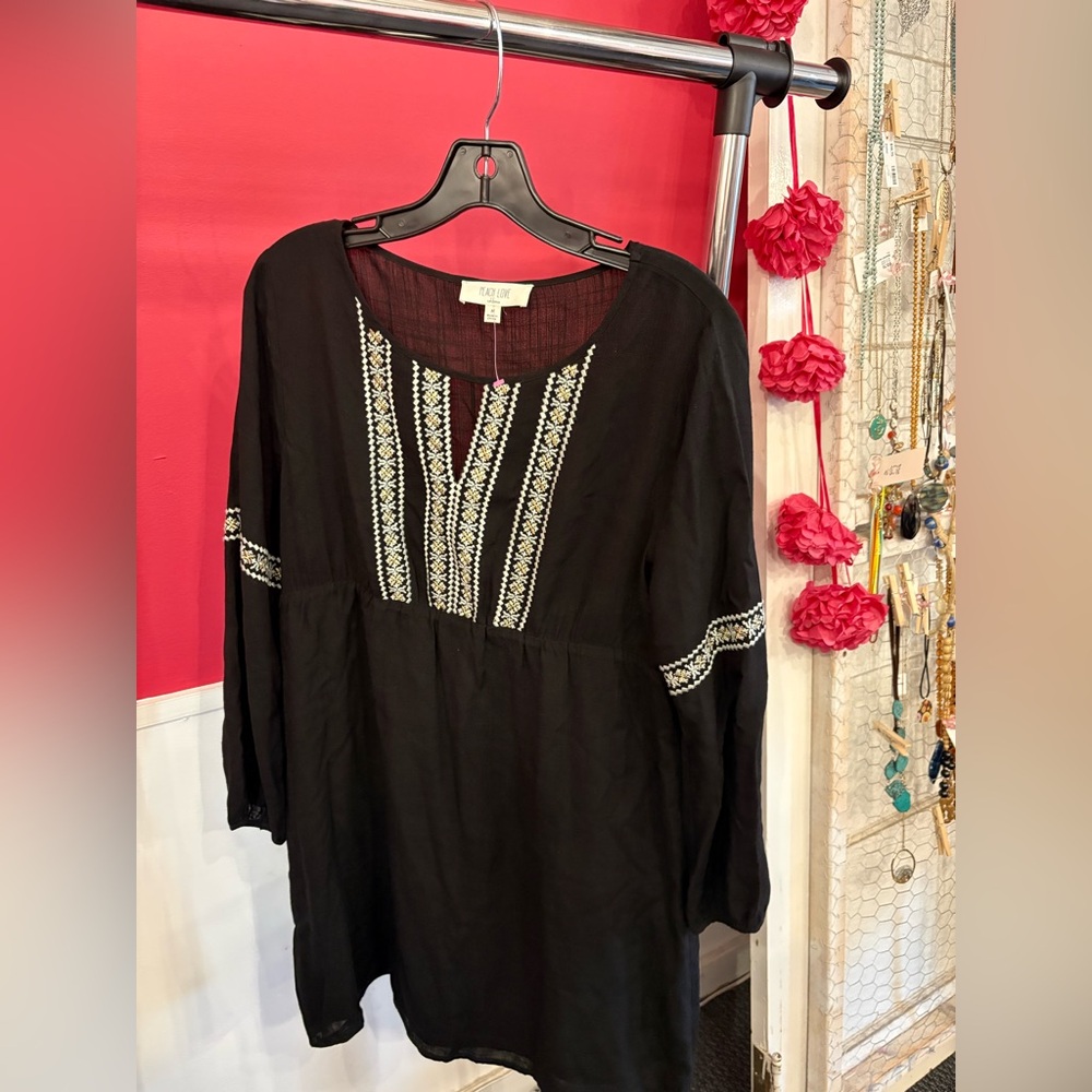 Peach Love California Black Tunic with White Embroidery